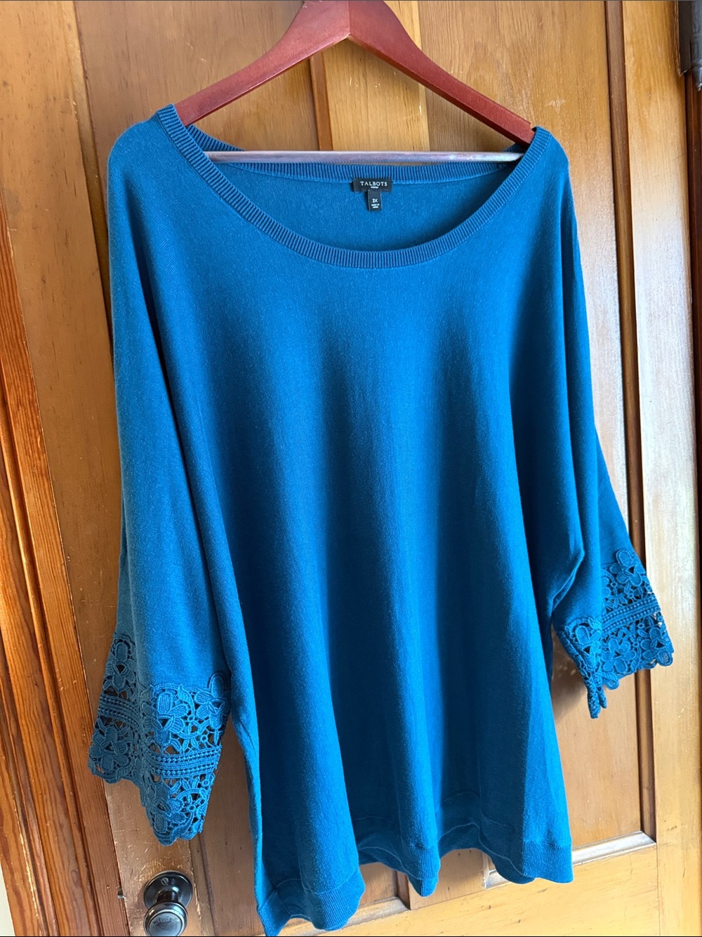 Talbots Teal Blue Crochet-Sleeve Pullover
